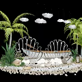 Tropical Decorative Scene With Blue Waves Palm Trees Green Plants And Small Boat