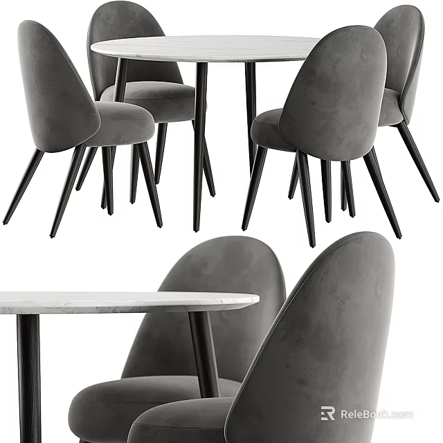 Modern Dining Table Set With White Marble Top And Grey Velvet Dining Chairs Black Legs 3d model 