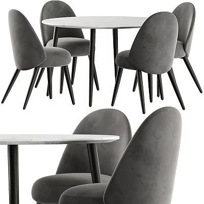 Modern Dining Table Set With White Marble Top And Grey Velvet Dining Chairs Black Legs 3d model