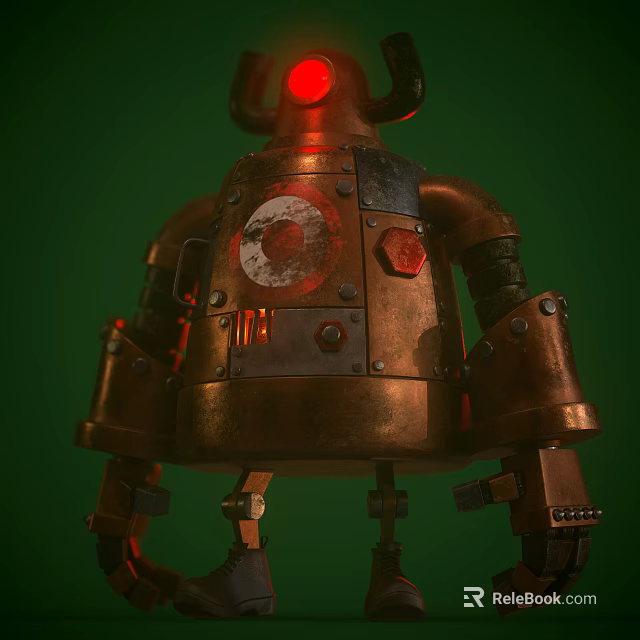 Bronze Robot Character With Red Eyes Mechanical Body And Rusty Metal Parts 3d model 