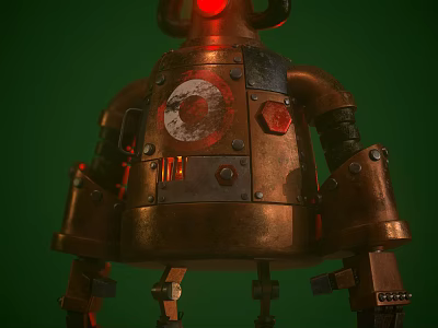 Bronze Robot Character With Red Eyes Mechanical Body And Rusty Metal Parts 3d model