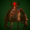 Bronze Robot Character With Red Eyes Mechanical Body And Rusty Metal Parts