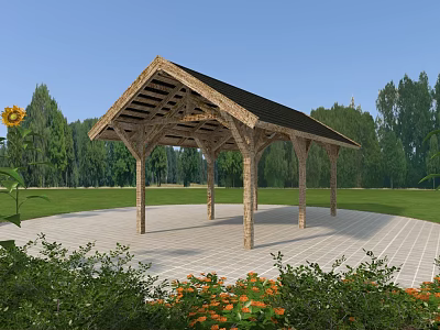 Outdoor Wooden Pavilion In Garden With Green Grass Trees And Colorful Flowers 3d model