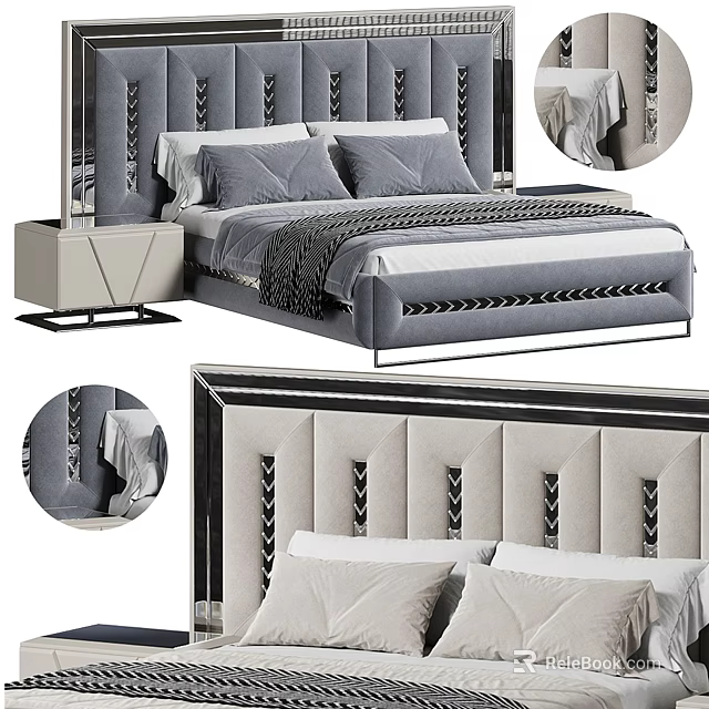 Modern Elegant Double Bed Interior Design With Upholstered Velvet Headboard And Stitching Details 3d model 