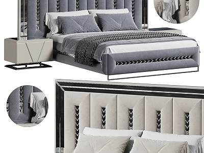 Modern Elegant Double Bed Interior Design With Upholstered Velvet Headboard And Stitching Details 3d model
