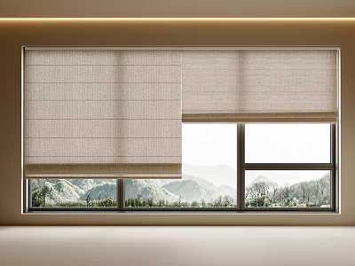 Modern Beige Fabric Roller Curtains With Striped Design And Mountain View Window 3d model