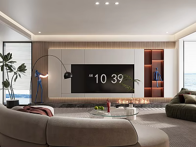 Modern Living Room With Beige Sofa Green Plants Floor Lamp And Wooden TV Wall Interior 3d model