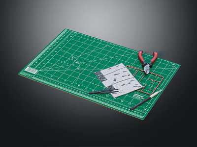 Green Cutting Mat With Craft Tools Scissors Ruler Pliers And Papers On Surface 3d model