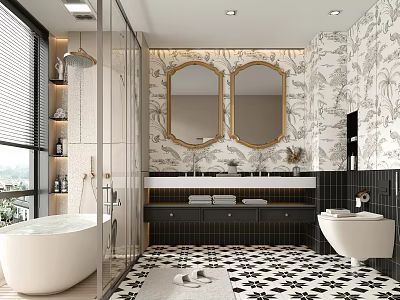 Luxurious Bathroom Interior With Double Mirrors Patterned Walls And Black White Floor Tiles 3d model