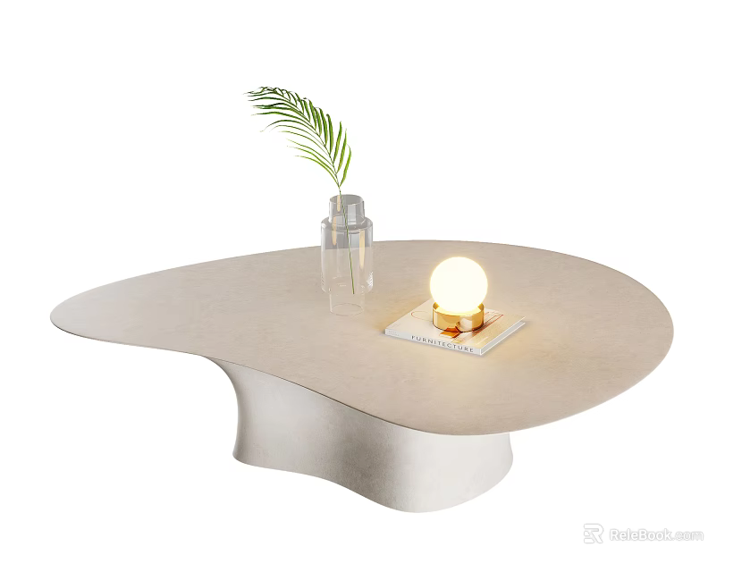 Irregular Shape Coffee Table With Clear Vase Green Leaf And Round Lamp 3d model