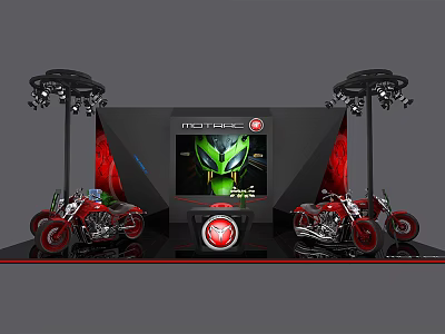 Motogp Exhibition Booth With Screen Displaying Green Helmet Graphic Red Motorcycles And Black Lighting Fixtures 3d model