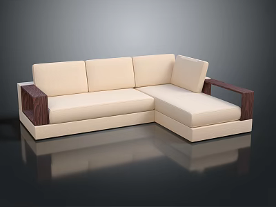 Modern L Shaped Sectional Sofa With Beige Upholstery And Dark Wooden Armrests 3d model