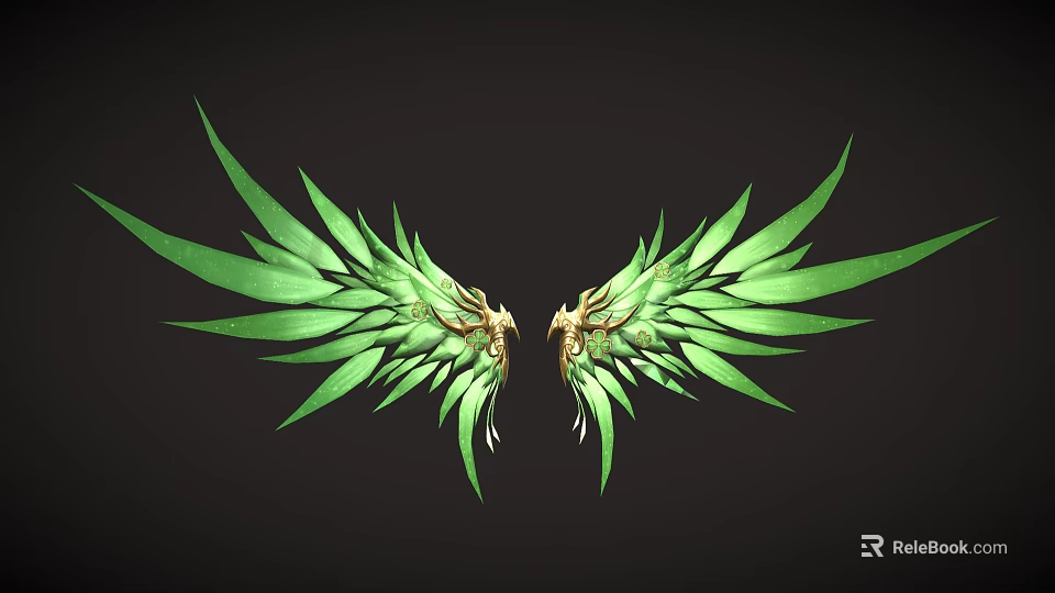 Ornate Green Wings With Intricate Golden Dragon Heads On Dark Background Design 3d model 