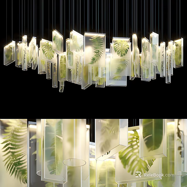 Modern Leaf Patterned Chandelier With Transparent Hanging Panels And Natural Lighting Design 3d model 