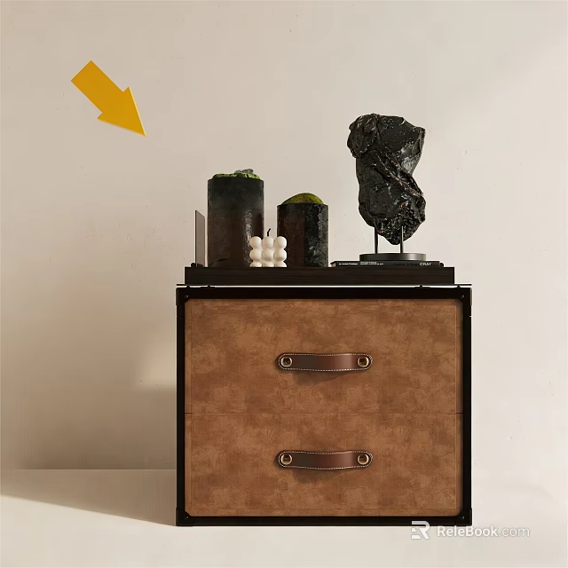 Modern Brown Nightstand With Drawers Metal Handles Green Black Containers White Candles And Black Sculpture 3d model 