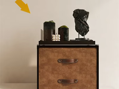 Modern Brown Nightstand With Drawers Metal Handles Green Black Containers White Candles And Black Sculpture 3d model