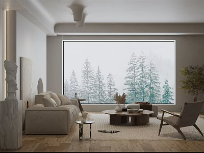 Modern Living Room Interior With Large Window Snowy Trees Sofa Coffee Table And Chair 3d model