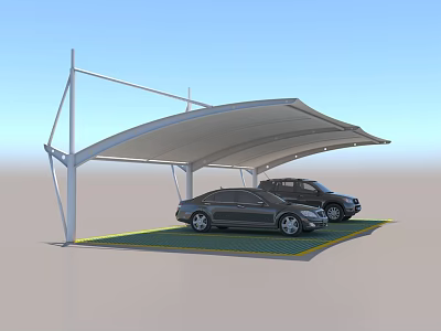 Modern Carport Canopy With White Frame Covering Two Cars In Parking Space 3d model