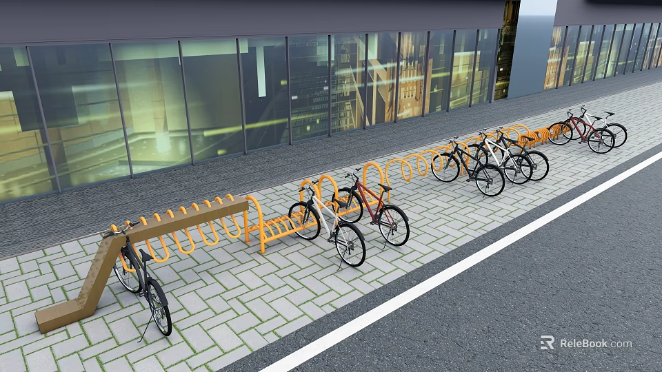 Outdoor Bicycle Parking Area With Metal Racks And Multiple Bikes Near Glass Building 3d model 