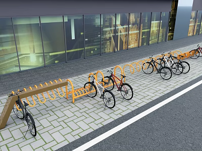 Outdoor Bicycle Parking Area With Metal Racks And Multiple Bikes Near Glass Building 3d model