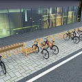Outdoor Bicycle Parking Area With Metal Racks And Multiple Bikes Near Glass Building