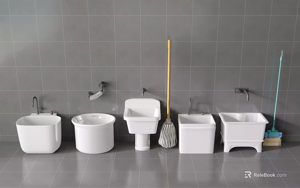 Other White Ceramic Bathroom Products Including Sinks And Mop Basin With Grey Tile Wall 3d model 