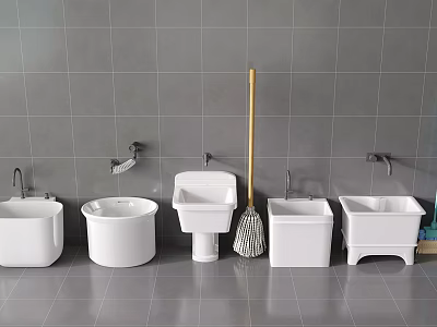 Other White Ceramic Bathroom Products Including Sinks And Mop Basin With Grey Tile Wall 3d model