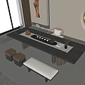 Modern Tea Table With Chairs Bench And Tea Set In Minimalist Interior 3d model
