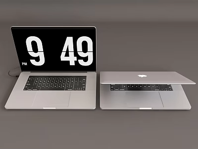Two Silver Apple MacBook Laptops with Open Screen Displaying Time and Closed One 3d model