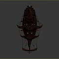 Detailed Wooden Ship Model With Brown Hull And Sails Black Flags And Wooden Stand