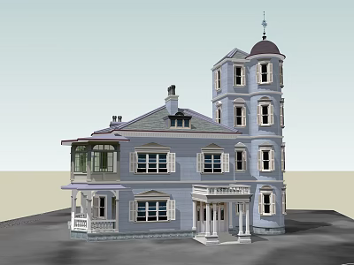Blue Victorian Style House Featuring Tower Structure Multiple Windows And Front Porch 3d model