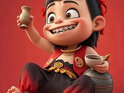 Art Installation Featuring Cartoon Mythological Character In Red Black Outfit Holding Vase And Bowl 3d model