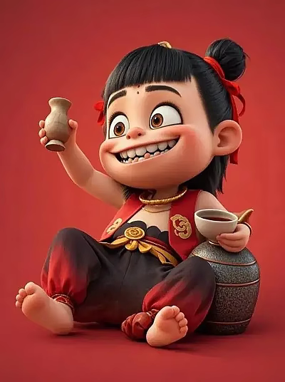 Art Installation Featuring Cartoon Mythological Character In Red Black Outfit Holding Vase And Bowl 3d model