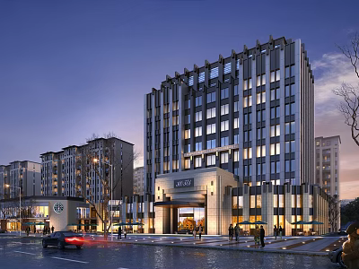 Modern Hotel Building Exterior With Illuminated Windows Entrance And Surrounding Buildings At Evening 3d model