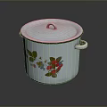 Vintage Enamel Pot With Lid Floral And Berry Patterns White Body Black Rim