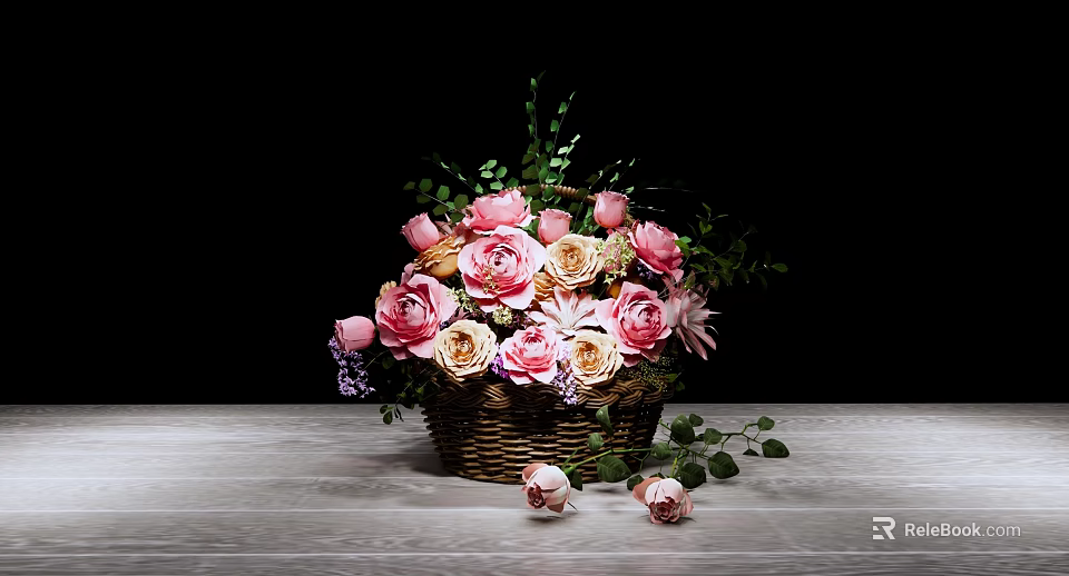 Pink and Beige Flower Arrangement in Wicker Basket with Green Leaves on Wooden Table 3d model 