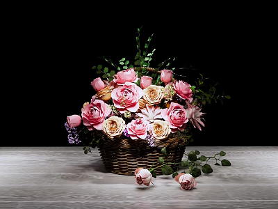 Pink and Beige Flower Arrangement in Wicker Basket with Green Leaves on Wooden Table 3d model