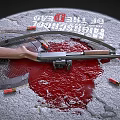 Vintage Wooden Stock Shotgun With Blood Stains And Scattered Bullets On Textured Ground
