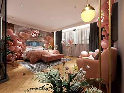 Cozy Hotel Room Interior With Pink Balloons Bed Sofa Green Plants Rug And Pendant Light 3d model