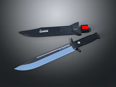Tactical Combat Knives With Black Handle Shiny Metal Blade Sheath Red Accent Unsheathed And Sheathed 3d model