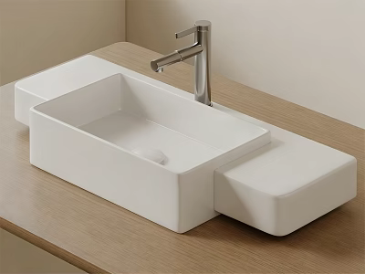 Modern White Bathroom Washbasin With Wooden Countertop Chrome Faucet And Side Storage 3d model