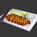 Crispy Fried Chicken With Red Sauce On White Plate Served With Rice And Vegetables
