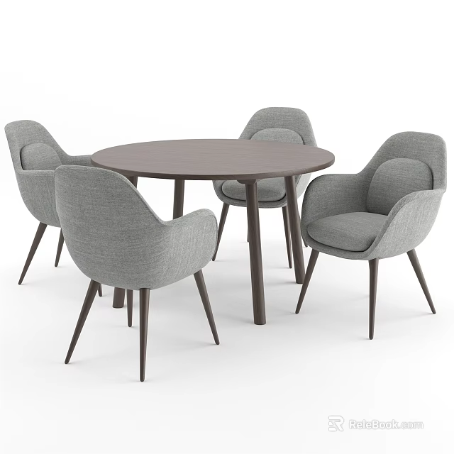 Modern Round Wooden Dining Table Set With Four Gray Upholstered Chairs 3d model
