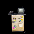 Vintage CRT Television Placed on a Cabinet with Colorful Stickers and Decorations