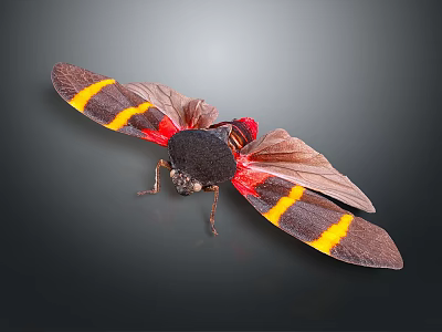 Vibrant Striped Cicada With Red Body Black Head And Yellow Striped Wings 3d model