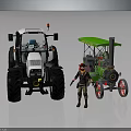 White Modern Tractor and Green Vintage Steam Tractor with Worker Figurine