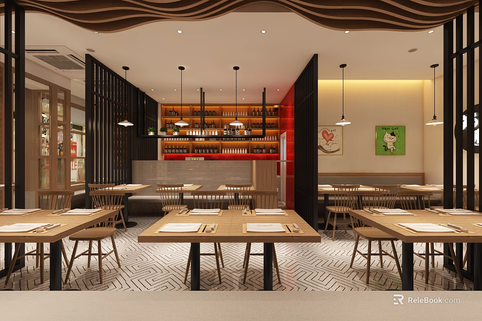 Modern Restaurant Interior With Wooden Dining Tables Pendant Lights Bar Counter And Decorative Art 3d model 
