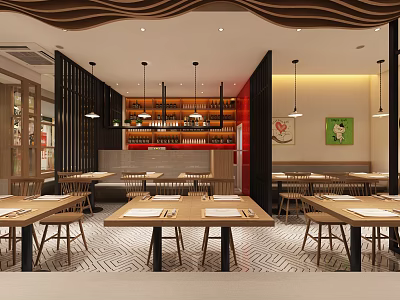 Modern Restaurant Interior With Wooden Dining Tables Pendant Lights Bar Counter And Decorative Art 3d model