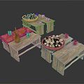 Rustic Wooden Dining Tables Styled With Fruit Baskets Black Cups Clay Pots And Red Tablecloths