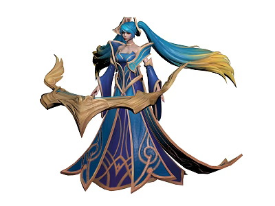 Fantasy Elf Mage Character With Blue Long Hair And Flowing Gold Robe 3d model